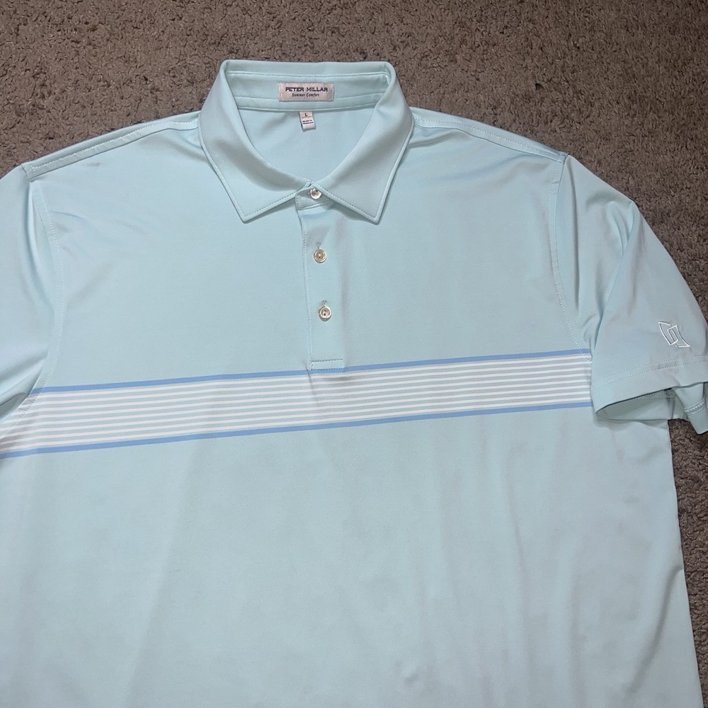 Peter Millar Summer Comfort Lane Performance Golf Polo Shirt Blue Stripe L